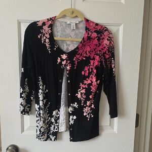 White House Black Market Black and Pink Floral Cardigan